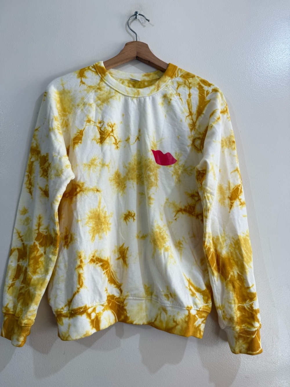 Clare V White and Yellow Tie-Dye Crewneck with Pink Lip Patch